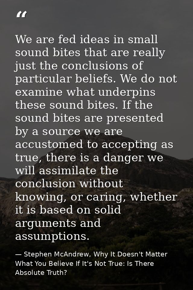 We are fed ideas in small sound bites that are really just the conclusions of particular beliefs. We do not examine what — Stephen McAndrew, Why It Doesn't Matter What You Believe If It's Not True: Is There Absolute Truth?