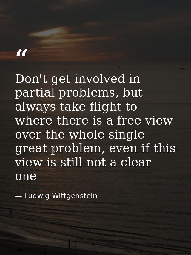 Don't get involved in partial problems, but always take flight to where there is a free view over the whole single great — Ludwig Wittgenstein