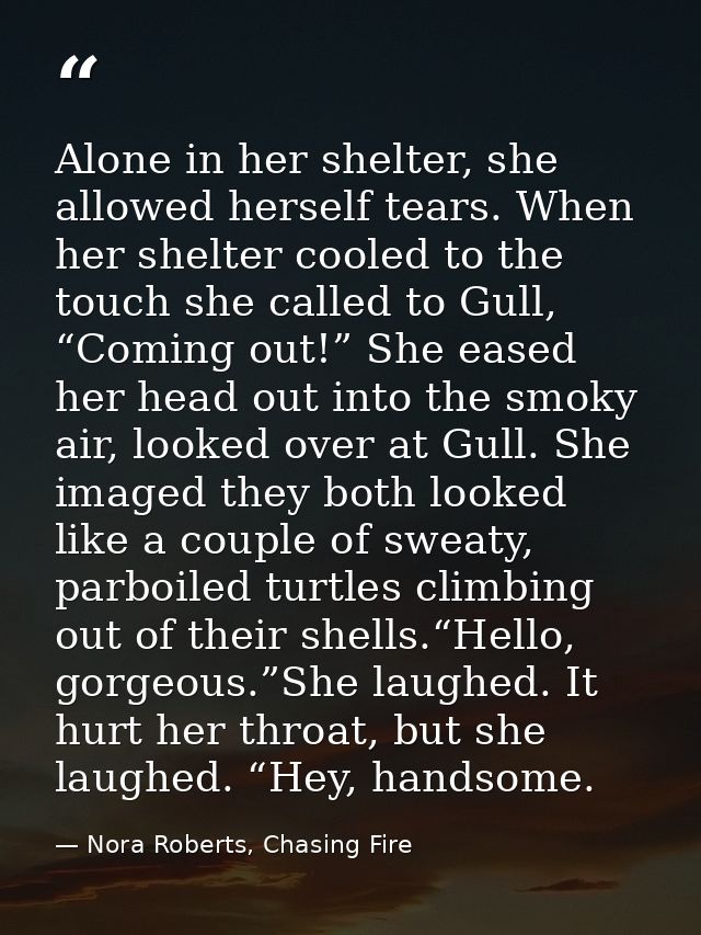 Alone in her shelter, she allowed herself tears. When her shelter cooled to the touch she called to Gull, “Coming out!”  — Nora Roberts, Chasing Fire