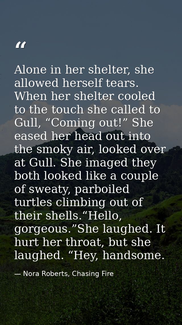 Alone in her shelter, she allowed herself tears. When her shelter cooled to the touch she called to Gull, “Coming out!”  — Nora Roberts, Chasing Fire