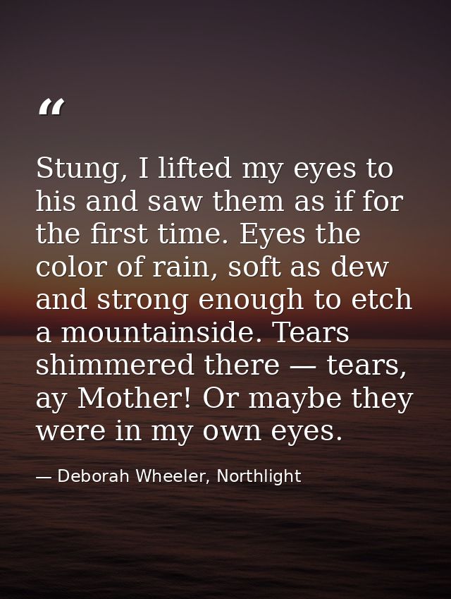 Stung, I lifted my eyes to his and saw them as if for the first time. Eyes the color of rain, soft as dew and strong eno — Deborah Wheeler, Northlight