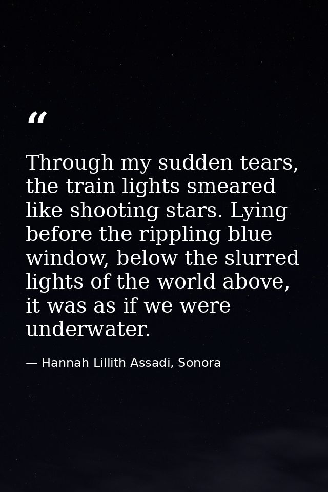 Through my sudden tears, the train lights smeared like shooting stars. Lying before the rippling blue window, below the  — Hannah Lillith Assadi, Sonora