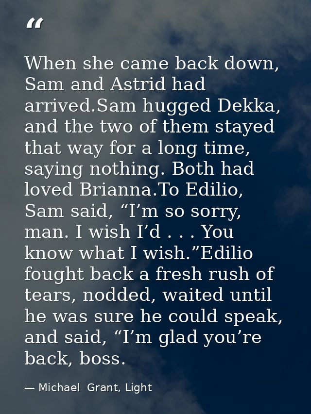 When she came back down, Sam and Astrid had arrived.Sam hugged Dekka, and the two of them stayed that way for a long tim — Michael  Grant, Light