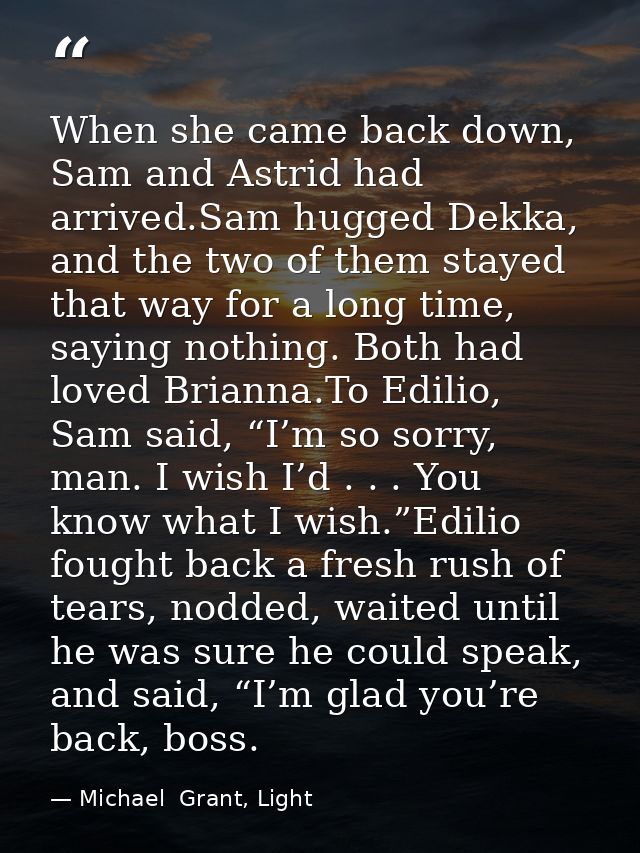 When she came back down, Sam and Astrid had arrived.Sam hugged Dekka, and the two of them stayed that way for a long tim — Michael  Grant, Light