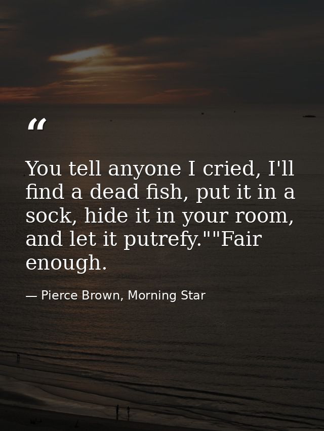 You tell anyone I cried, I'll find a dead fish, put it in a sock, hide it in your room, and let it putrefy.""Fair enough — Pierce Brown, Morning Star