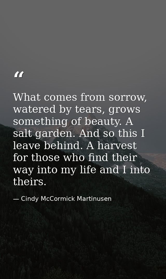 What comes from sorrow, watered by tears, grows something of beauty. A salt garden. And so this I leave behind. A harves — Cindy McCormick Martinusen