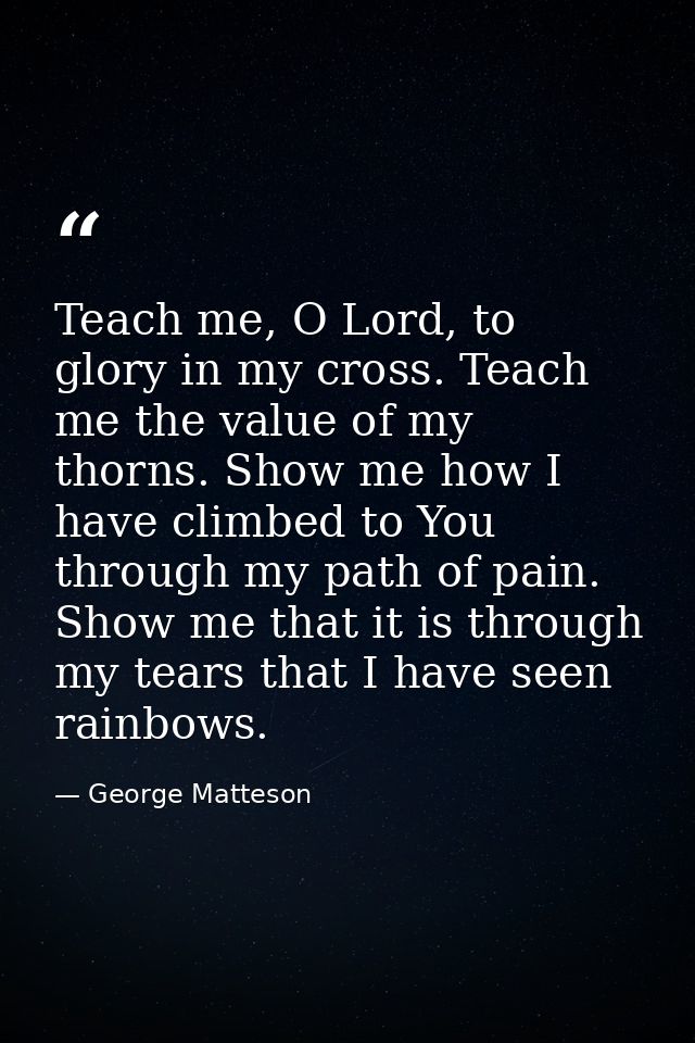 Teach me, O Lord, to glory in my cross. Teach me the value of my thorns. Show me how I have climbed to You through my pa — George Matteson