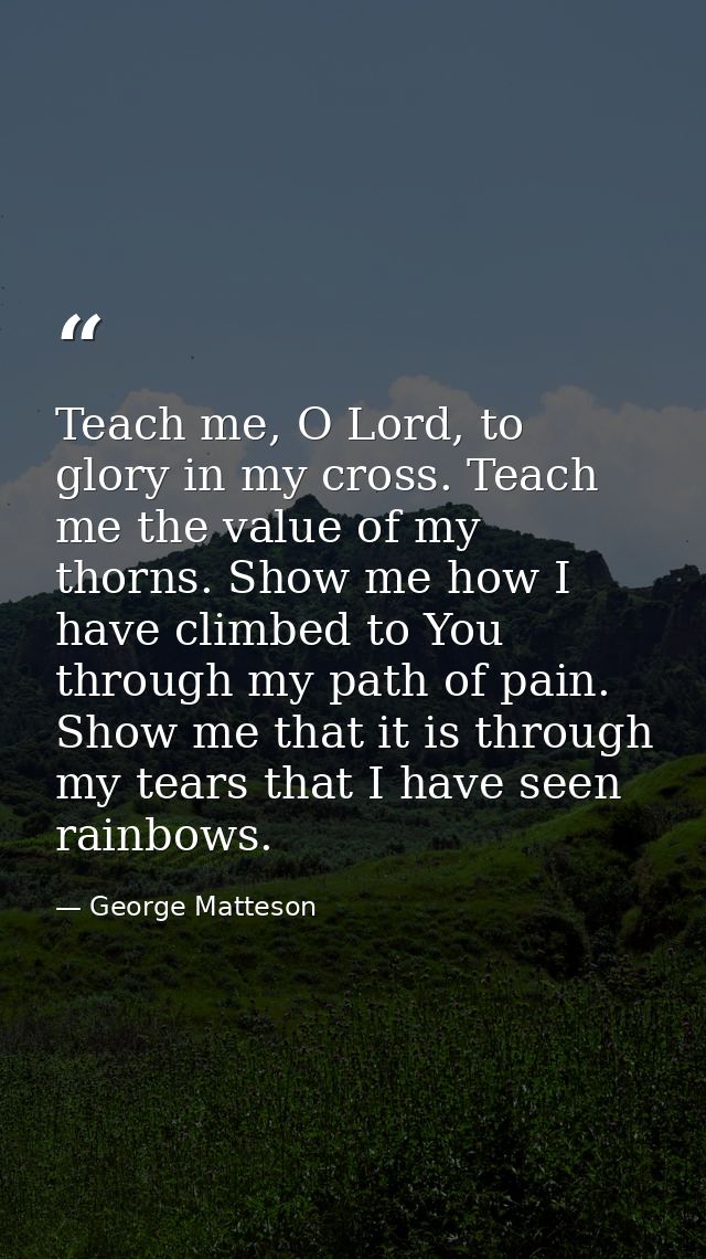 Teach me, O Lord, to glory in my cross. Teach me the value of my thorns. Show me how I have climbed to You through my pa — George Matteson