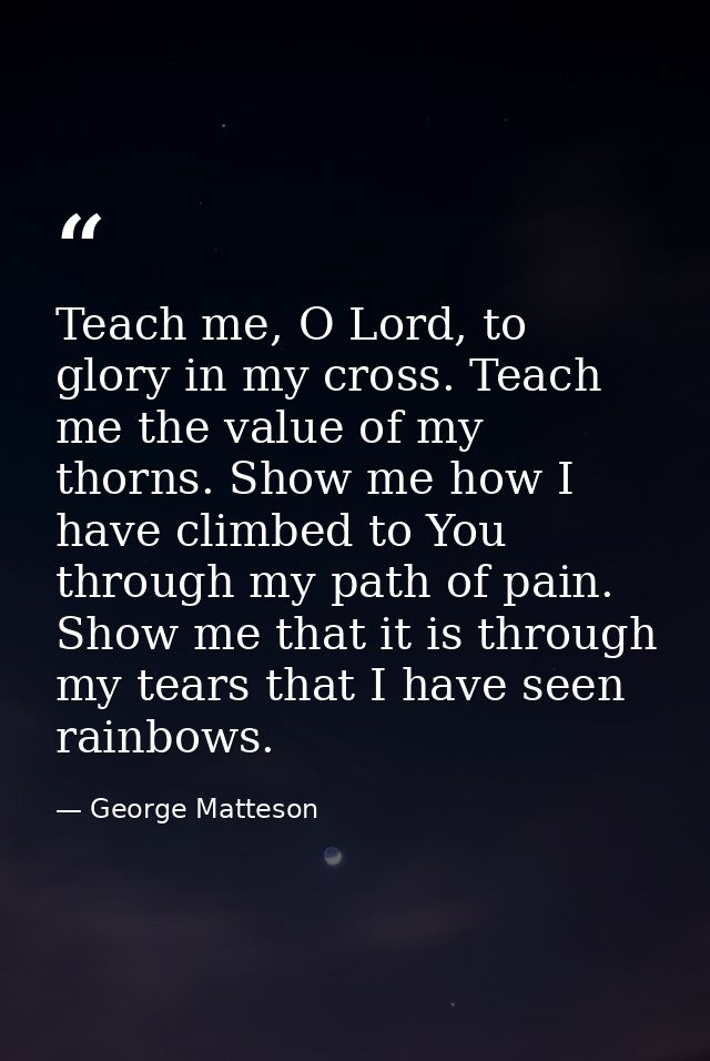 Teach me, O Lord, to glory in my cross. Teach me the value of my thorns. Show me how I have climbed to You through my pa — George Matteson