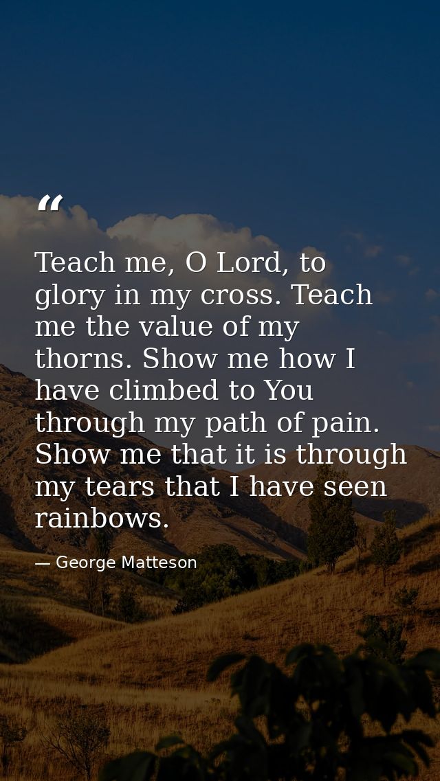 Teach me, O Lord, to glory in my cross. Teach me the value of my thorns. Show me how I have climbed to You through my pa — George Matteson