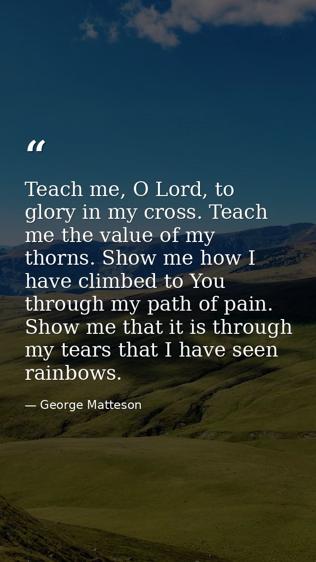 Teach me, O Lord, to glory in my cross. Teach me the value of my thorns. Show me how I have climbed to You through my pa — George Matteson