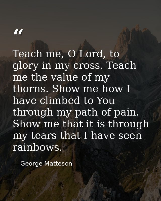 Teach me, O Lord, to glory in my cross. Teach me the value of my thorns. Show me how I have climbed to You through my pa — George Matteson