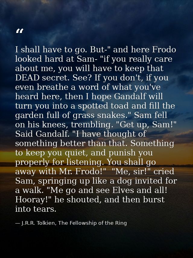 I shall have to go. But-" and here Frodo looked hard at Sam- "if you really care about me, you will have to keep that DE — J.R.R. Tolkien, The Fellowship of the Ring