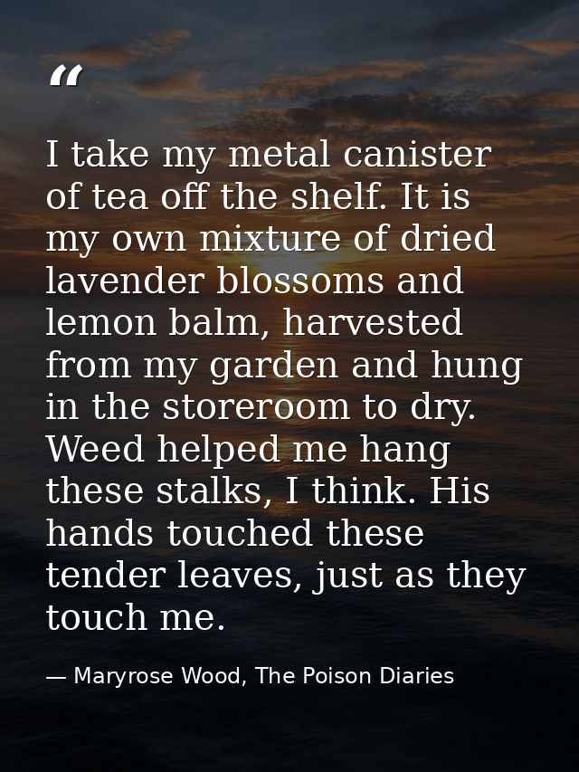 I take my metal canister of tea off the shelf. It is my own mixture of dried lavender blossoms and lemon balm, harvested — Maryrose Wood, The Poison Diaries