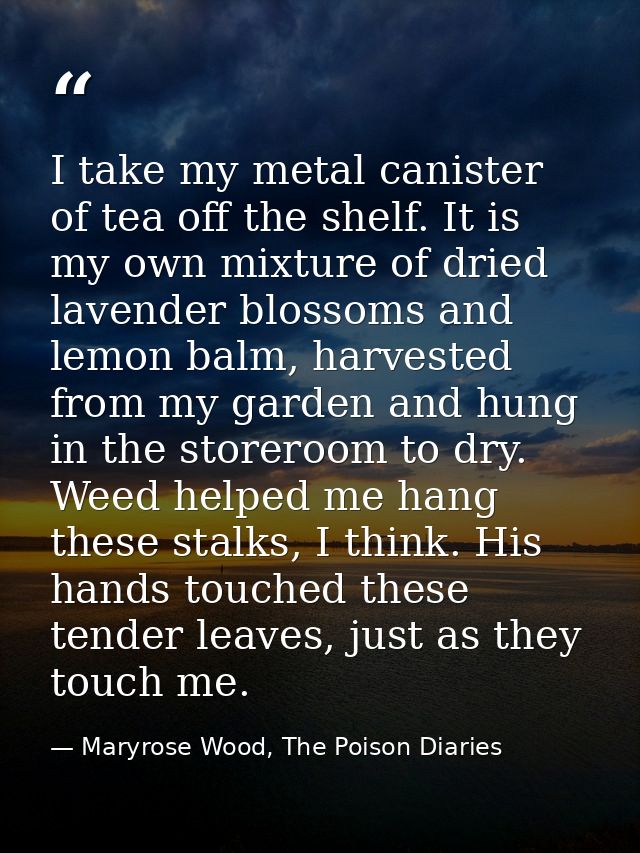 I take my metal canister of tea off the shelf. It is my own mixture of dried lavender blossoms and lemon balm, harvested — Maryrose Wood, The Poison Diaries