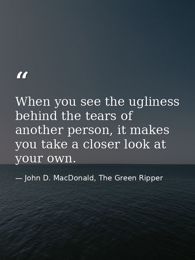 When you see the ugliness behind the tears of another person, it makes you take a closer look at your own. — John D. MacDonald, The Green Ripper