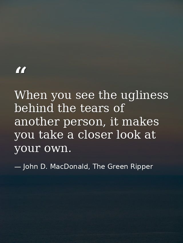 When you see the ugliness behind the tears of another person, it makes you take a closer look at your own. — John D. MacDonald, The Green Ripper
