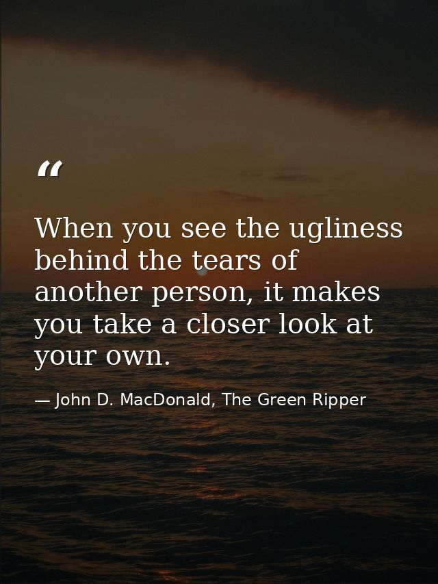 When you see the ugliness behind the tears of another person, it makes you take a closer look at your own. — John D. MacDonald, The Green Ripper