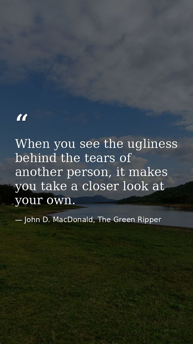 When you see the ugliness behind the tears of another person, it makes you take a closer look at your own. — John D. MacDonald, The Green Ripper