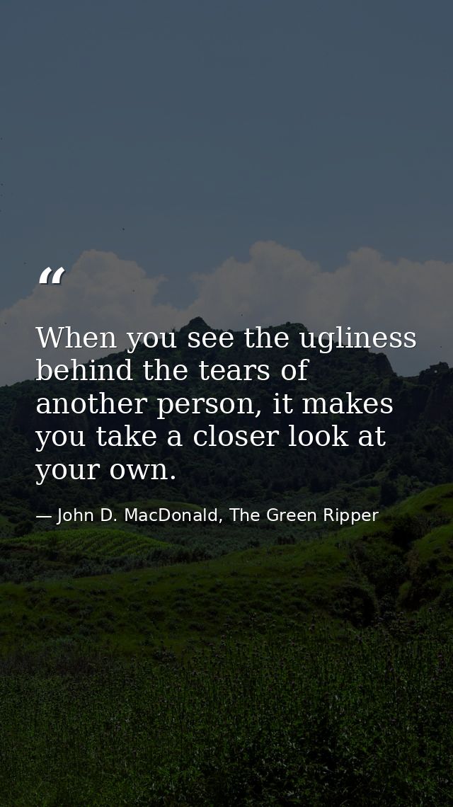 When you see the ugliness behind the tears of another person, it makes you take a closer look at your own. — John D. MacDonald, The Green Ripper