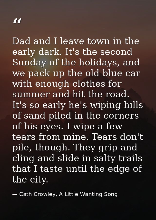 Dad and I leave town in the early dark. It's the second Sunday of the holidays, and we pack up the old blue car with eno — Cath Crowley, A Little Wanting Song