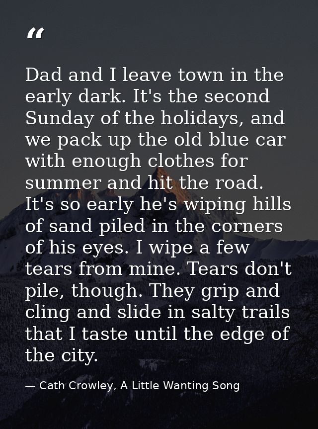 Dad and I leave town in the early dark. It's the second Sunday of the holidays, and we pack up the old blue car with eno — Cath Crowley, A Little Wanting Song