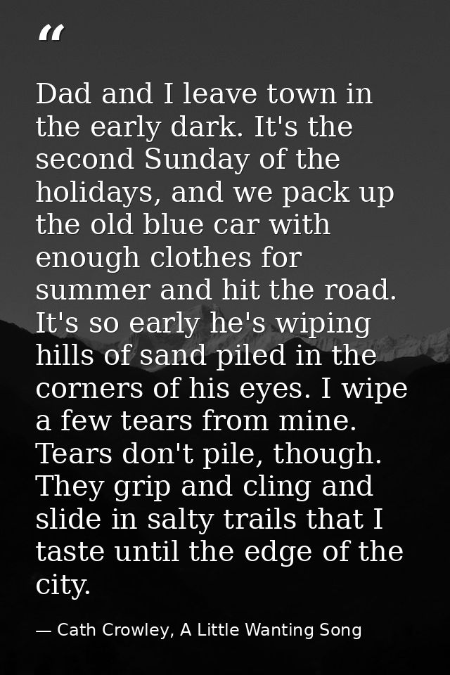 Dad and I leave town in the early dark. It's the second Sunday of the holidays, and we pack up the old blue car with eno — Cath Crowley, A Little Wanting Song
