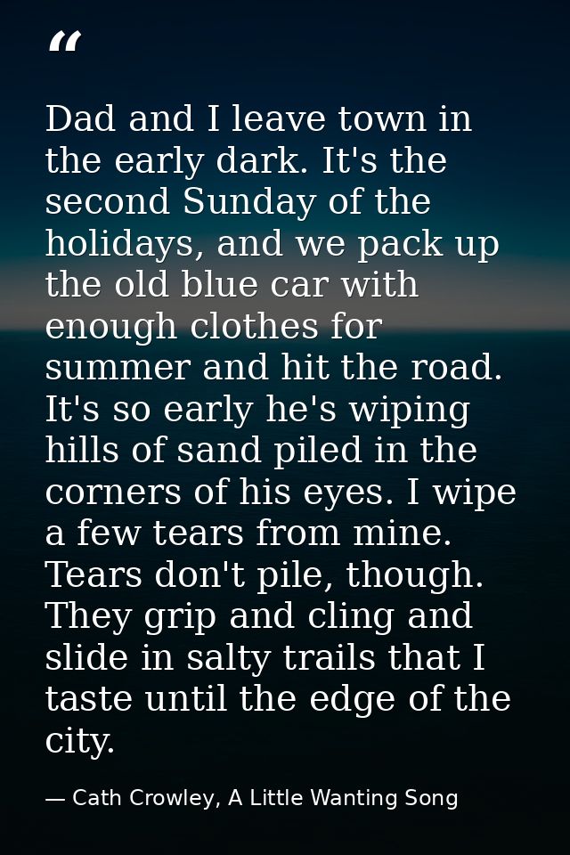 Dad and I leave town in the early dark. It's the second Sunday of the holidays, and we pack up the old blue car with eno — Cath Crowley, A Little Wanting Song