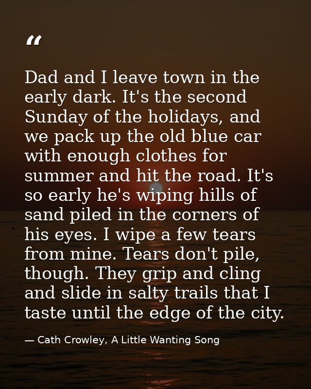 Dad and I leave town in the early dark. It's the second Sunday of the holidays, and we pack up the old blue car with eno — Cath Crowley, A Little Wanting Song