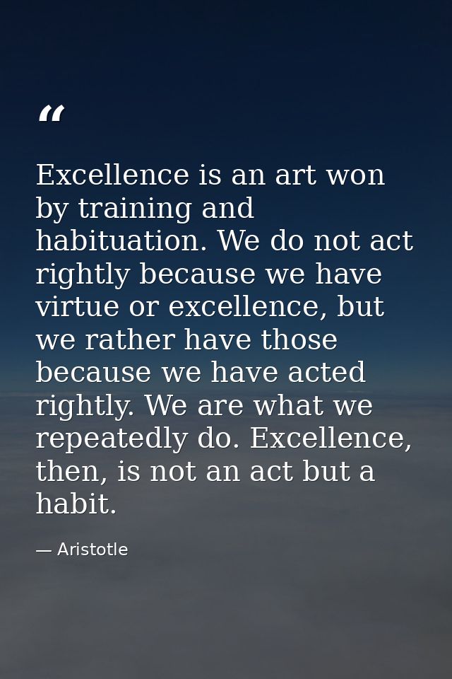 Excellence is an art won by training and habituation. We do not act rightly because we have virtue or excellence, but we — Aristotle