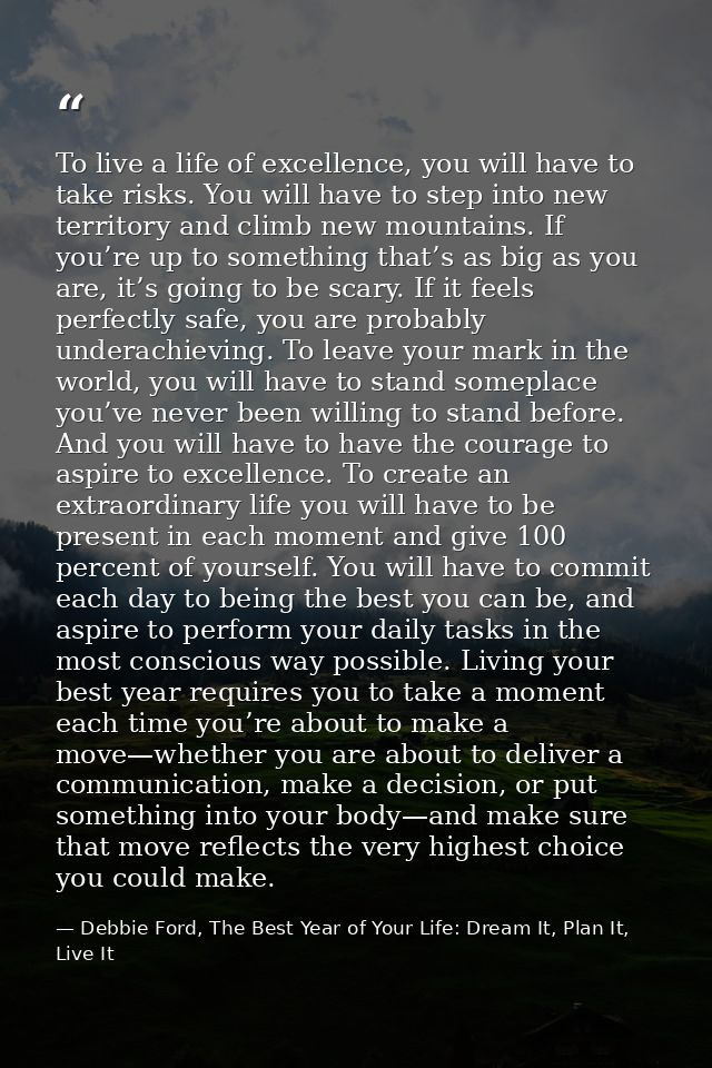 To live a life of excellence, you will have to take risks. You will have to step into new territory and climb new mounta — Debbie Ford, The Best Year of Your Life: Dream It, Plan It, Live It