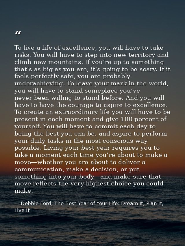 To live a life of excellence, you will have to take risks. You will have to step into new territory and climb new mounta — Debbie Ford, The Best Year of Your Life: Dream It, Plan It, Live It