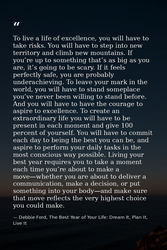 To live a life of excellence, you will have to take risks. You will have to step into new territory and climb new mounta — Debbie Ford, The Best Year of Your Life: Dream It, Plan It, Live It
