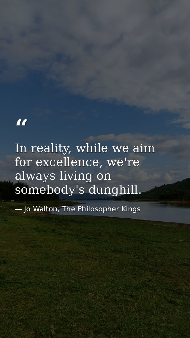 In reality, while we aim for excellence, we're always living on somebody's dunghill. — Jo Walton, The Philosopher Kings