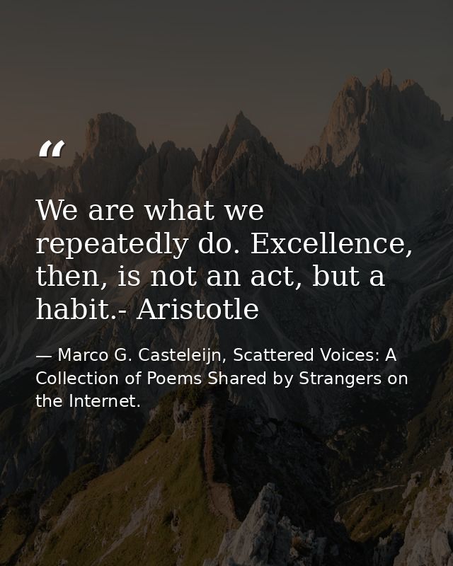 We are what we repeatedly do. Excellence, then, is not an act, but a habit.- Aristotle — Marco G. Casteleijn, Scattered Voices: A Collection of Poems Shared by Strangers on the Internet.