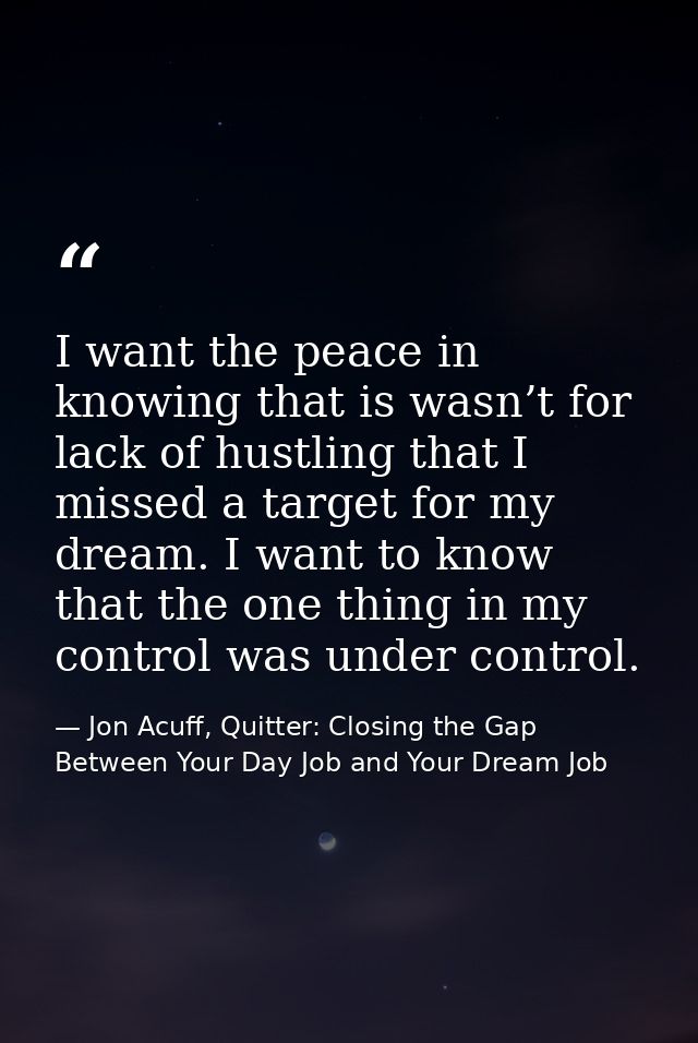 I want the peace in knowing that is wasn’t for lack of hustling that I missed a target for my dream. I want to know that — Jon Acuff, Quitter: Closing the Gap Between Your Day Job and Your Dream Job