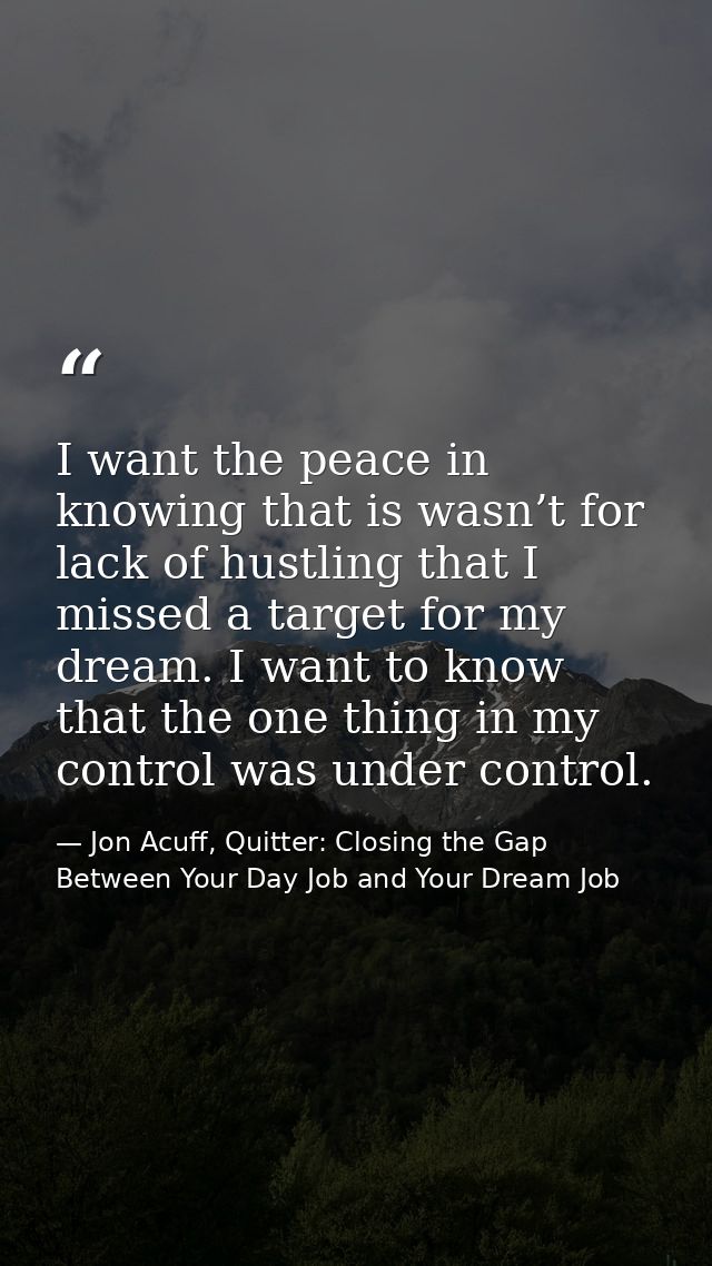 I want the peace in knowing that is wasn’t for lack of hustling that I missed a target for my dream. I want to know that — Jon Acuff, Quitter: Closing the Gap Between Your Day Job and Your Dream Job