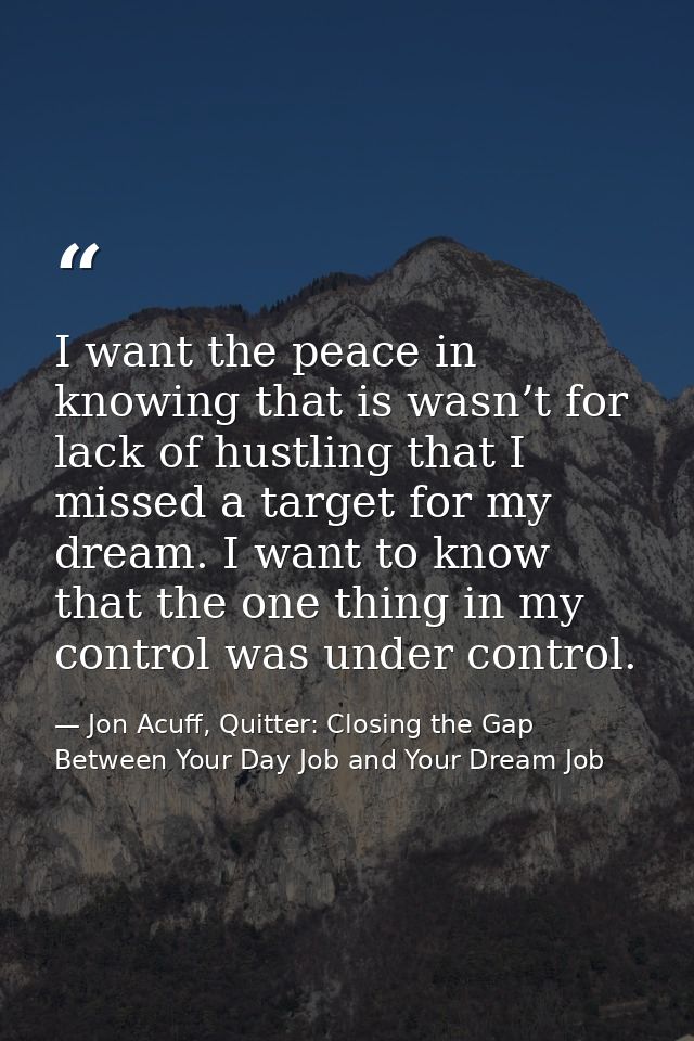 I want the peace in knowing that is wasn’t for lack of hustling that I missed a target for my dream. I want to know that — Jon Acuff, Quitter: Closing the Gap Between Your Day Job and Your Dream Job