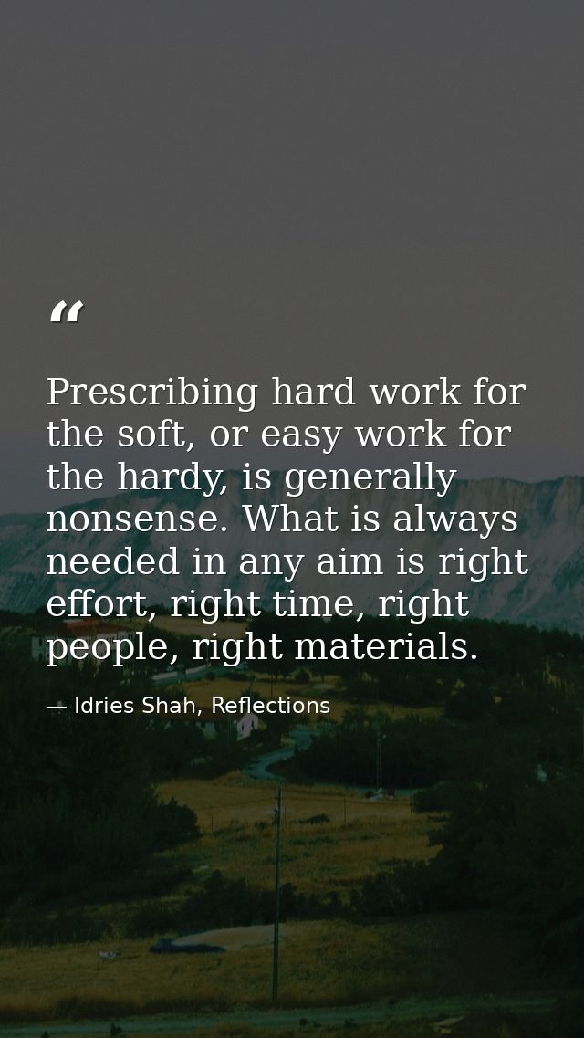 Prescribing hard work for the soft, or easy work for the hardy, is generally nonsense. What is always needed in any aim  — Idries Shah, Reflections