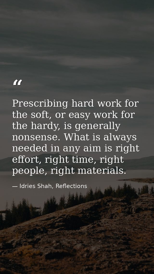 Prescribing hard work for the soft, or easy work for the hardy, is generally nonsense. What is always needed in any aim  — Idries Shah, Reflections