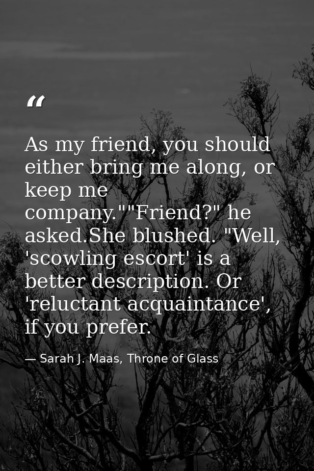 As my friend, you should either bring me along, or keep me company.""Friend?" he asked.She blushed. "Well, 'scowling esc — Sarah J. Maas, Throne of Glass