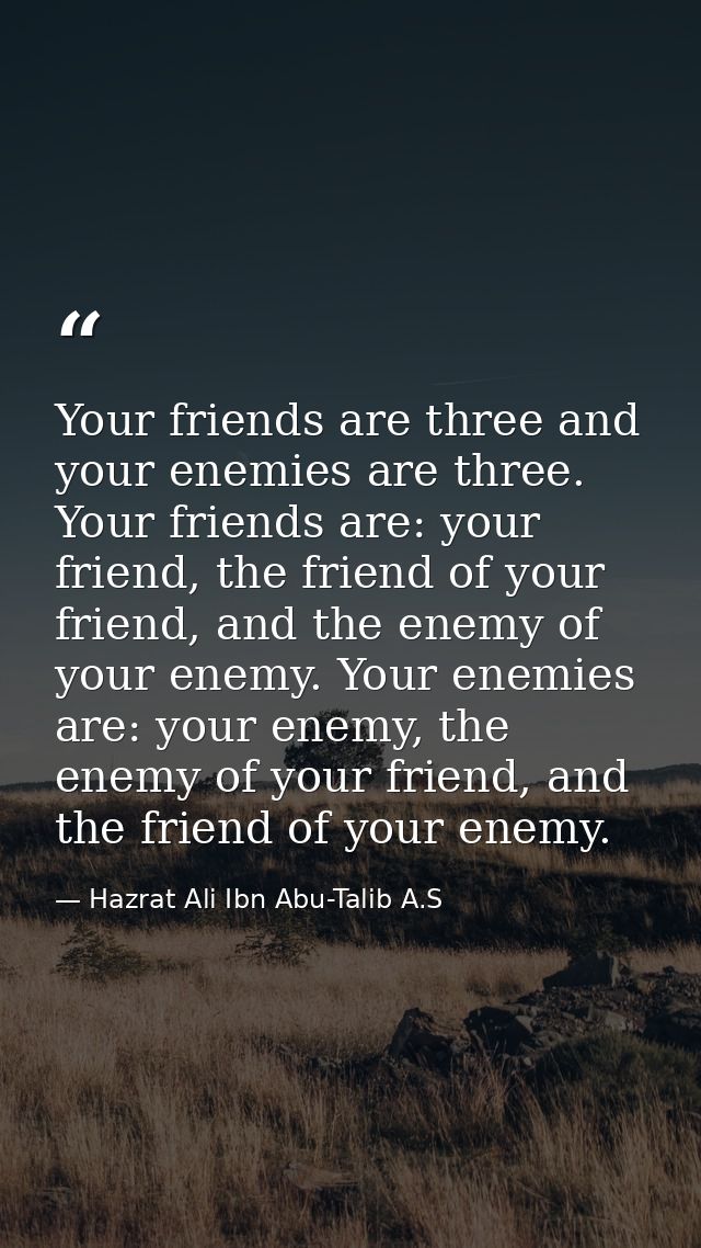 Your friends are three and your enemies are three. Your friends are: your friend, the friend of your friend, and the ene — Hazrat Ali Ibn Abu-Talib A.S