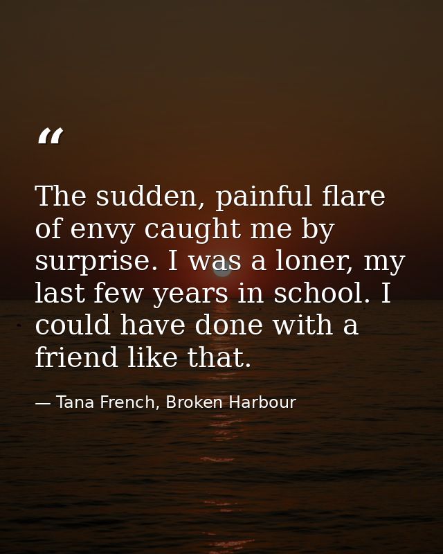 The sudden, painful flare of envy caught me by surprise. I was a loner, my last few years in school. I could have done w — Tana French, Broken Harbour