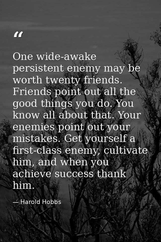 One wide-awake persistent enemy may be worth twenty friends. Friends point out all the good things you do. You know all  — Harold Hobbs