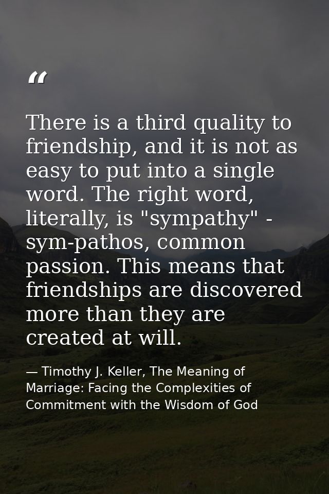 There is a third quality to friendship, and it is not as easy to put into a single word. The right word, literally, is " — Timothy J. Keller, The Meaning of Marriage: Facing the Complexities of Commitment with the Wisdom of God