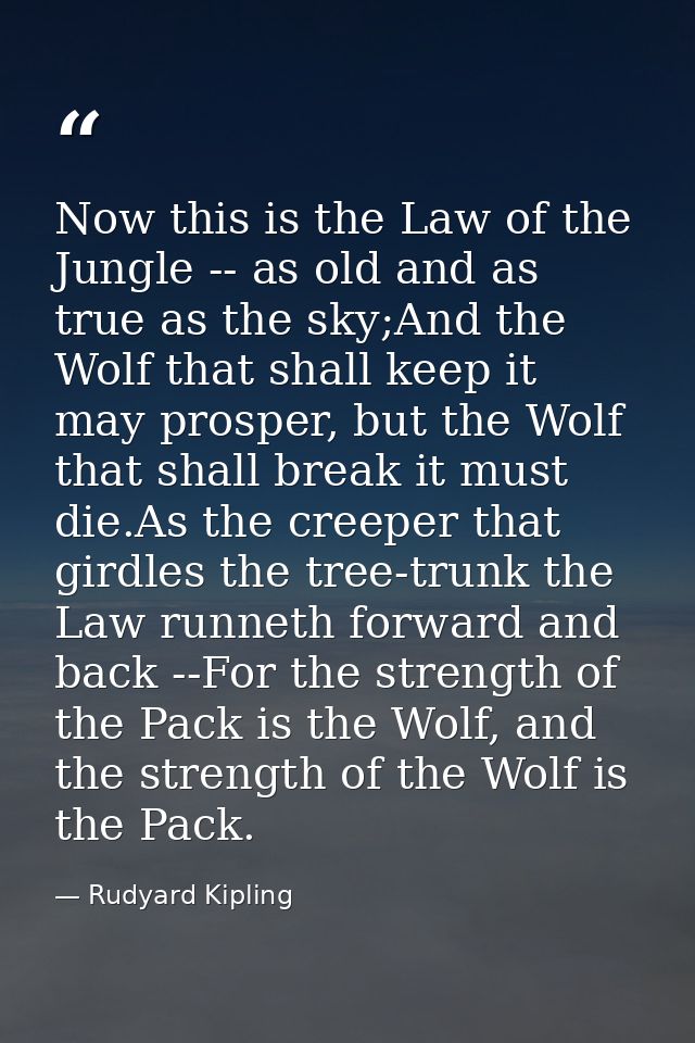 Now this is the Law of the Jungle -- as old and as true as the sky;And the Wolf that shall keep it may prosper, but the  — Rudyard Kipling