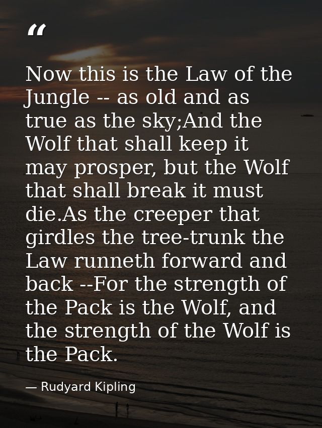 Now this is the Law of the Jungle -- as old and as true as the sky;And the Wolf that shall keep it may prosper, but the  — Rudyard Kipling