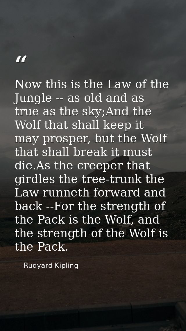Now this is the Law of the Jungle -- as old and as true as the sky;And the Wolf that shall keep it may prosper, but the  — Rudyard Kipling