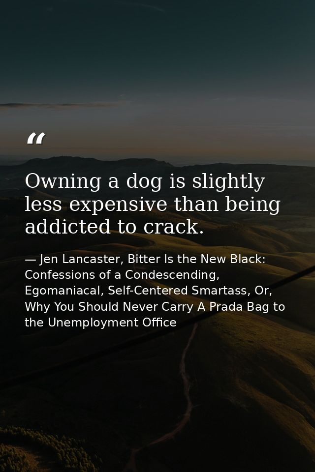 Owning a dog is slightly less expensive than being addicted to crack. — Jen Lancaster, Bitter Is the New Black: Confessions of a Condescending, Egomaniacal, Self-Centered Smartass, Or, Why You Should Never Carry A Prada Bag to the Unemployment Office