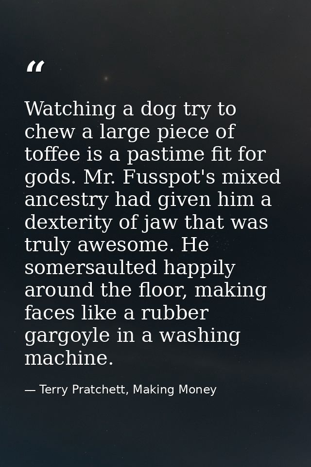Watching a dog try to chew a large piece of toffee is a pastime fit for gods. Mr. Fusspot's mixed ancestry had given him — Terry Pratchett, Making Money